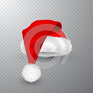 Realistic Red Santa Claus hat isolated on gray transparent background. Gradient mesh Santa Claus cap with fur. Vector illustration