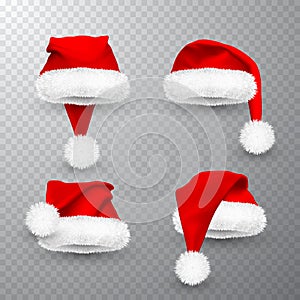 Realistic Red Santa Claus hat isolated on gray transparent background. Gradient mesh Santa Claus cap with fur. Vector illustration