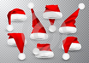 Realistic Red Santa Claus hat isolated on gray transparent background. Gradient mesh Santa Claus cap with fur. Vector illustration