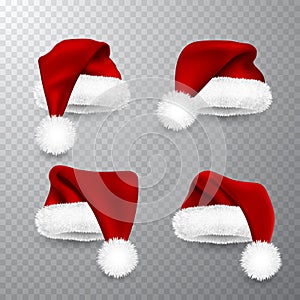 Realistic Red Santa Claus hat isolated on gray transparent background. Gradient mesh Santa Claus cap with fur. Vector illustration