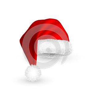 Realistic Red Santa Claus hat isolated on white background. Gradient mesh Santa Claus cap with fur. Vector illustration