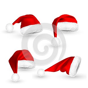 Realistic Red Santa Claus hat isolated on white background. Gradient mesh Santa Claus cap with fur. Vector illustration