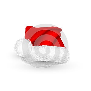 Realistic Red Santa Claus hat isolated on white background. Gradient mesh Santa Claus cap with fur. Vector illustration