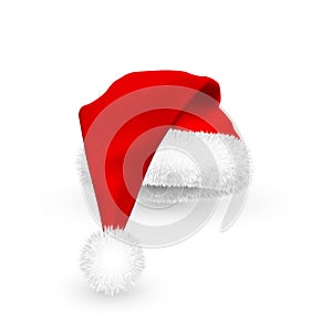 Realistic Red Santa Claus hat isolated on white background. Gradient mesh Santa Claus cap with fur. Vector illustration