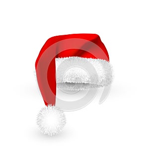 Realistic Red Santa Claus hat isolated on white background. Gradient mesh Santa Claus cap with fur. Vector illustration