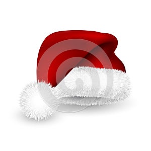 Realistic Red Santa Claus hat isolated on white background. Gradient mesh Santa Claus cap with fur. Vector illustration