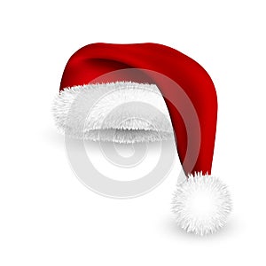 Realistic Red Santa Claus hat isolated on white background. Gradient mesh Santa Claus cap with fur. Vector illustration