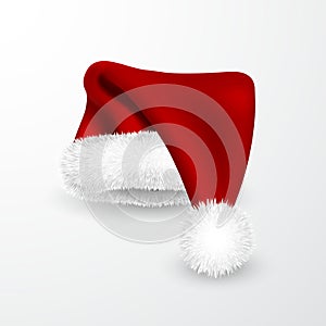 Realistic Red Santa Claus hat isolated on white background. Gradient mesh Santa Claus cap with fur. Vector illustration