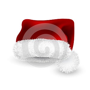 Realistic Red Santa Claus hat isolated on white background. Gradient mesh Santa Claus cap with fur. Vector illustration