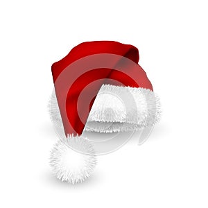 Realistic Red Santa Claus hat isolated on white background. Gradient mesh Santa Claus cap with fur. Vector illustration