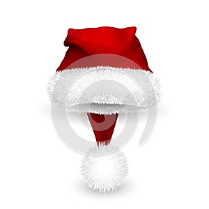 Realistic Red Santa Claus hat isolated on white background. Gradient mesh Santa Claus cap with fur. Vector illustration