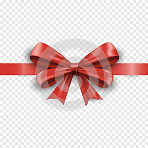 Realistic red silk gift bow with ribbon isolated on transparent background. Valentine or christmas celebration bow