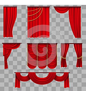 Realistic red velvet stage curtains, scarlet theatre drapery on transparent background