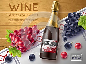 Realistic red wine with grape poster. Noble alcoholic drink in glass bottle, several varieties mix on wooden background