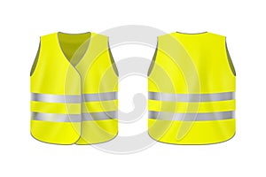 Realistic reflective vest, front and back view, safety jacket