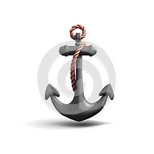 Realistic render black 3d anchor with beige rope, cartoon style render illustration, sailing symbol