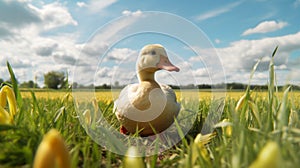 Realistic Render Of Duck Grazing In Grassy Field