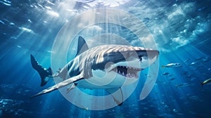 Realistic Rendering Of A Powerful Great White Shark Swimming Underwater