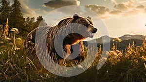 Realistic Renderings Of Large Brown Bear Grazing In A Field