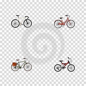 Realistic Retro, Adolescent, Road Velocity And Other Vector Elements. Set Of Bicycle Realistic Symbols Also Includes