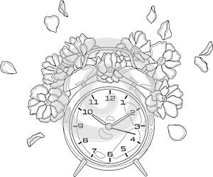 Realistic retro alarm clock with flowers and petals sketch template. Graphic vintage vector illustration in black and white