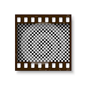 Realistic retro frame of 35 mm filmstrip with shadow isolated on white background. Transparent negative cadre. Vector illustration