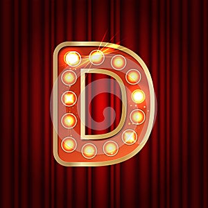 Realistic retro gold lamp bulb font letter D. Part of alphabet in vintage casino and slots style. Vector shine symbol of