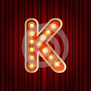 Realistic retro gold lamp bulb font letter K. Part of alphabet in vintage casino and slots style. Vector shine symbol of