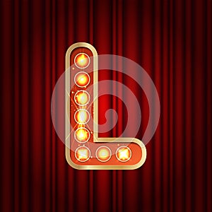 Realistic retro gold lamp bulb font letter L. Part of alphabet in vintage casino and slots style. Vector shine symbol of