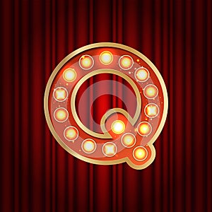 Realistic retro gold lamp bulb font letter Q. Part of alphabet in vintage casino and slots style. Vector shine symbol of
