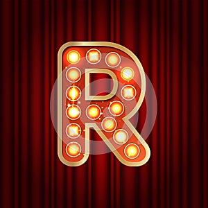 Realistic retro gold lamp bulb font letter R. Part of alphabet in vintage casino and slots style. Vector shine symbol of