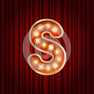 Realistic retro gold lamp bulb font letter S. Part of alphabet in vintage casino and slots style. Vector shine symbol of