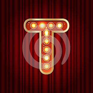 Realistic retro gold lamp bulb font letter T. Part of alphabet in vintage casino and slots style. Vector shine symbol of