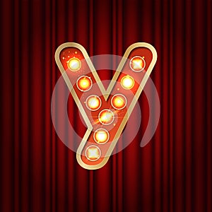 Realistic retro gold lamp bulb font letter Y. Part of alphabet in vintage casino and slots style. Vector shine symbol of