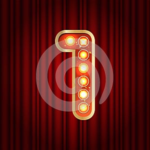 Realistic retro gold lamp bulb font number 1. Part of alphabet in vintage casino and slots style. Vector shine symbol of