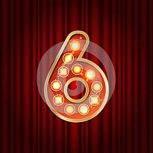 Realistic retro gold lamp bulb font number 6. Part of alphabet in vintage casino and slots style. Vector shine symbol of