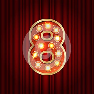 Realistic retro gold lamp bulb font number 8. Part of alphabet in vintage casino and slots style. Vector shine symbol of