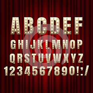 Realistic retro gold lamp font letters. Broadway style light bulb alphabet in vintage casino and slots style. Vector