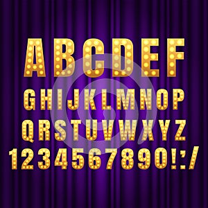 Realistic retro gold lamp font letters. Broadway style light bulb alphabet in vintage casino and slots style. Vector