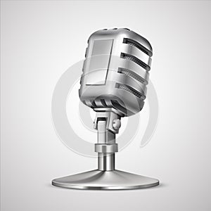 Realistic retro microphone. 3D vintage metal mic on holder, classic record equipment isolated on white. Vector studio