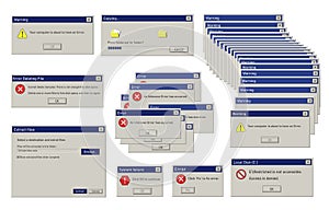 Realistic retro operating system errors vector flat illustration error message at old user interface