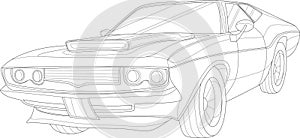 Realistic retro vintage car graphic sketch template. Cartoon vector illustration in black and white