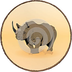 Realistic rhinoceros. Round sandy background in a brown frame.