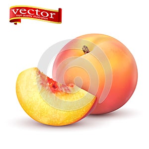 Realistic Ripe peaches, whole and slice. Peach juicy sweet fruit realistic 3d vector