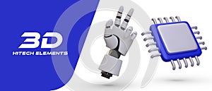 Realistic robotic arm, microprocessor. Robotics, central processor unit, CPU