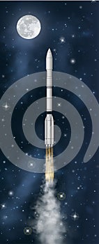 Realistic rocket flies at night starry sky with shining moon on it. Beautiful spaceship in the space with mist and light