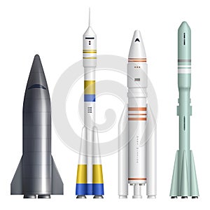 Realistic rocket. Spaceships launch futuristic shuttle for universe exploring expedition decent vector realistic