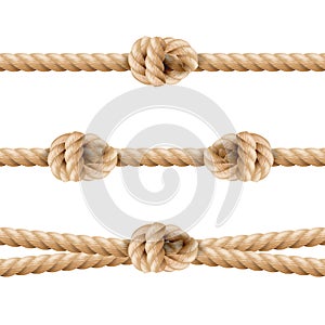 Realistic Rope Line Eith Knot. Yellow Twisted Ropes Set, Isolated On White Background. Vector Illustration