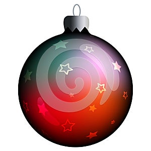 Realistic round Christmas ball with green and red gradient, stars and flares isolated on a white background. Clipart for christmas