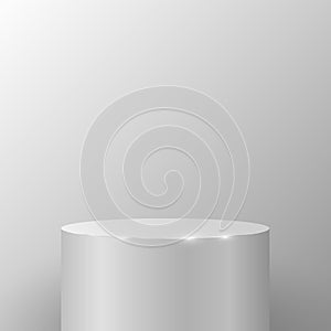 Realistic round pedestal against a light wall to present your product or project. Cylindrical podium for display. 3D scene. Vector